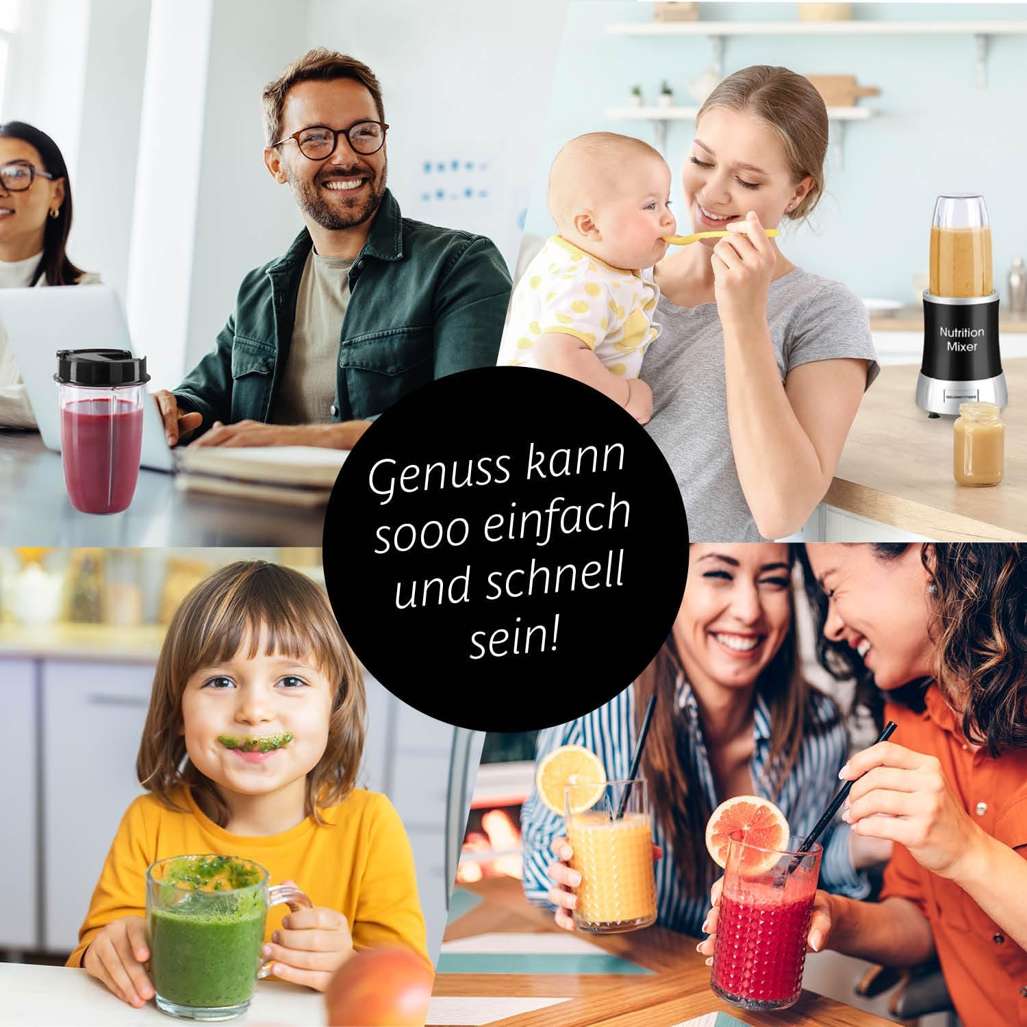GOURMETmaxx Frullatore per Smoothie e Frullatore a Immersione Set da 18 pezzi - 400W | Frullatore Elettrico da 750ml, Mixer con 4 Bicchiere To-Go, 2 Lame, Spremiagrumi, Piedistallo e Coperchio | Lavabile in Lavastoviglie, a Prova di Perdite e Senza BPA