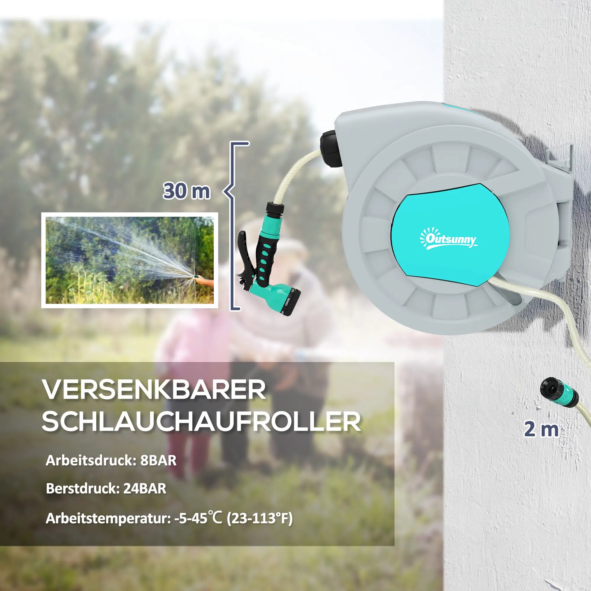 Avvolgitubo Outsunny con Tubo da Giardino 30m Automatico 7 Funzioni Spray