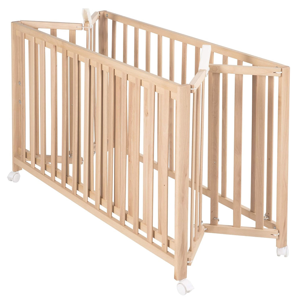 roba Klappbett Fold Up 60 x 120 - Klappbares Babybett aus Holz - 2-fach höhenverstellbar - Platzsparendes Gitterbett auf Rollen - Weiß