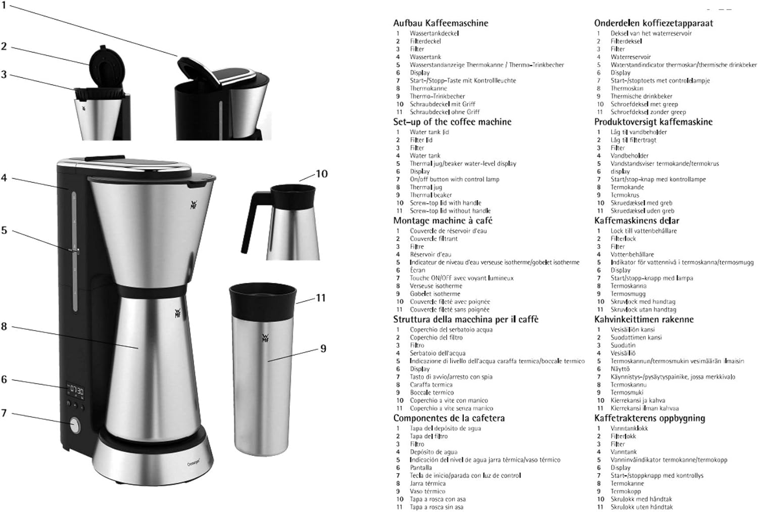 WMF Küchenminis Macchina da caffè con filtro Aroma, piccola, con caraffa termica, 870 Watt, tazza termica da asporto, macchina da caffè singola piccola con timer, cromargan opaco