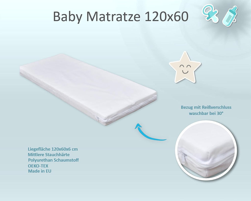 Baby Delux Lettino per Bambini Set Completo Casetta 60x120 cm Bianco con Cassetto Sponda Paracolpi Materasso Biancheria da Letto Set Decorativo (Stelle del Principe)