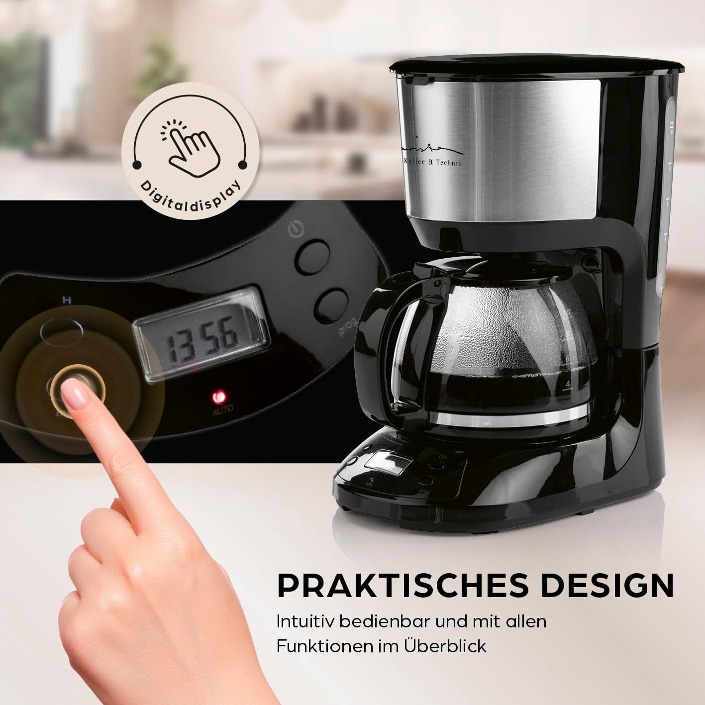 Barista Kaffeemaschine mit Mahlwerk | Filterkaffeemaschine mit Glaskanne | 900W Filtermaschine mit Touchdisplay & Timerfunktion für bis zu 10 Tassen | 1,25 Liter Kaffeekanne | Für Bohnen & Pulver