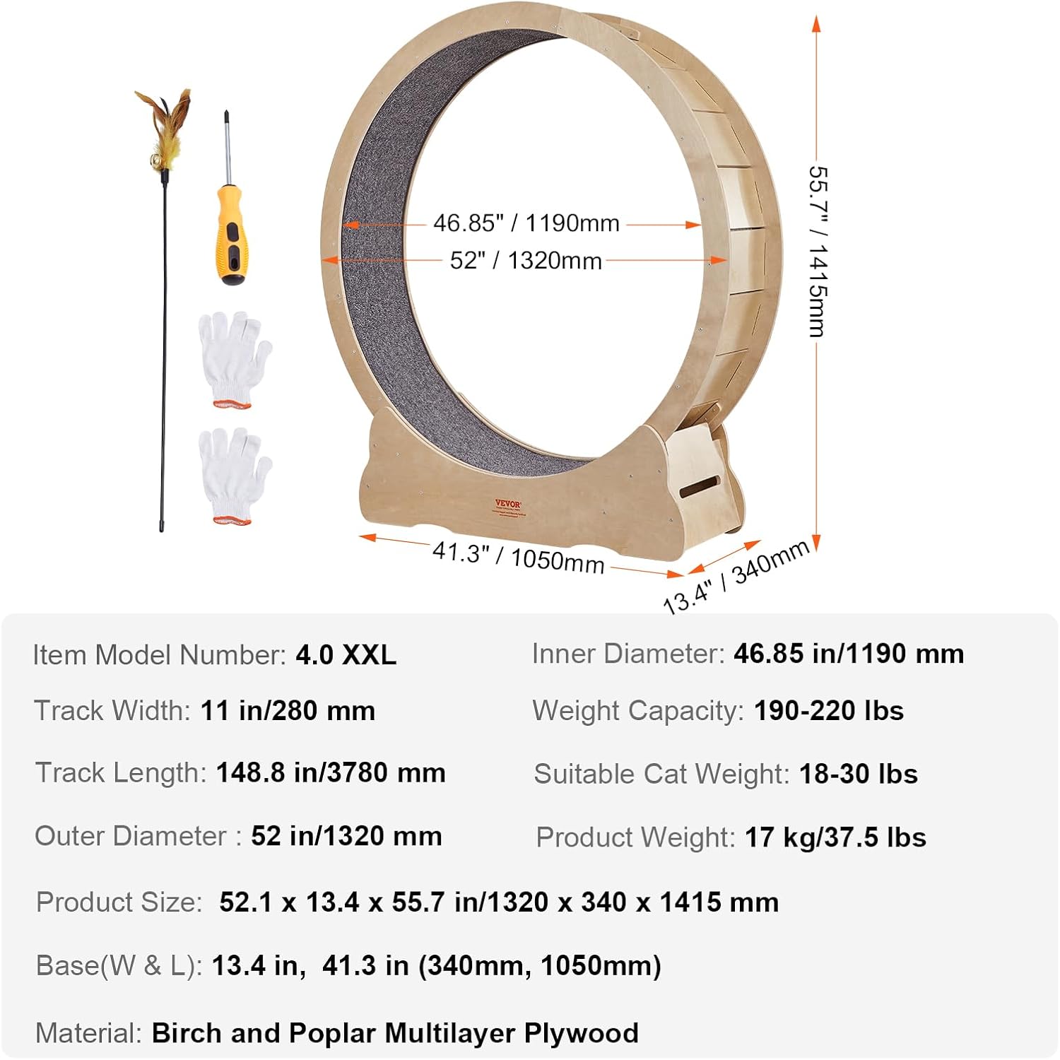 VEVOR Katzenlaufrad 1320x340x1415mm Laufrad Katzen aus Birken-& Pappelsperrholz Katzenrad Geruscharm Abnehmbare Innenmatte Cat Wheel Geeignet für Katzen mit einem Gewicht von 8kg bis 14kg