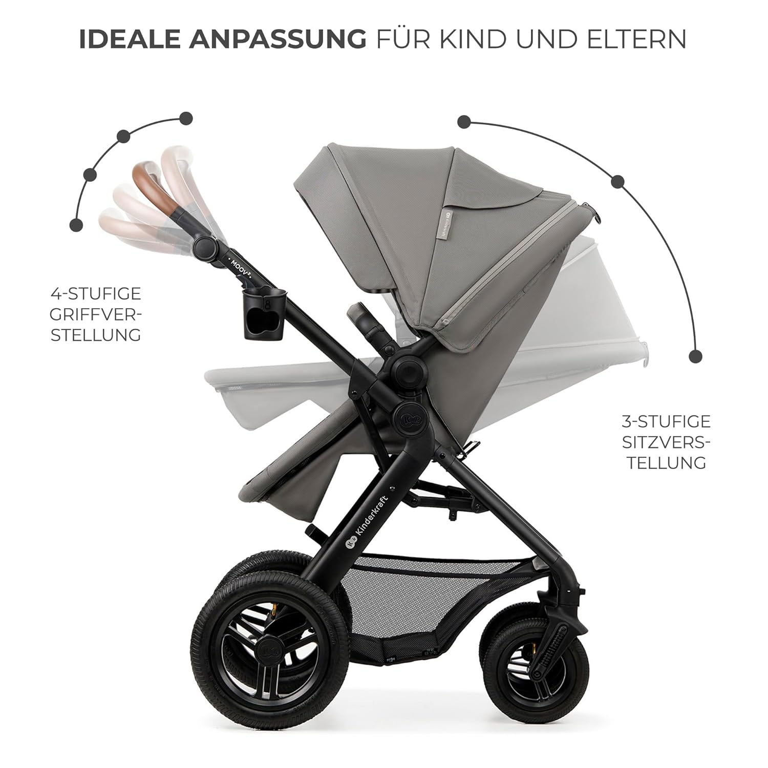 Kinderkraft MOOV2 AIR Passeggino 3 in 1 Set Passeggino fino a 26 kg con seggiolino auto I-SIZE 40-75 cm, funzione passeggino, schienale reclinabile, ampia capottina estensibile, ruote gonfiabili, nero