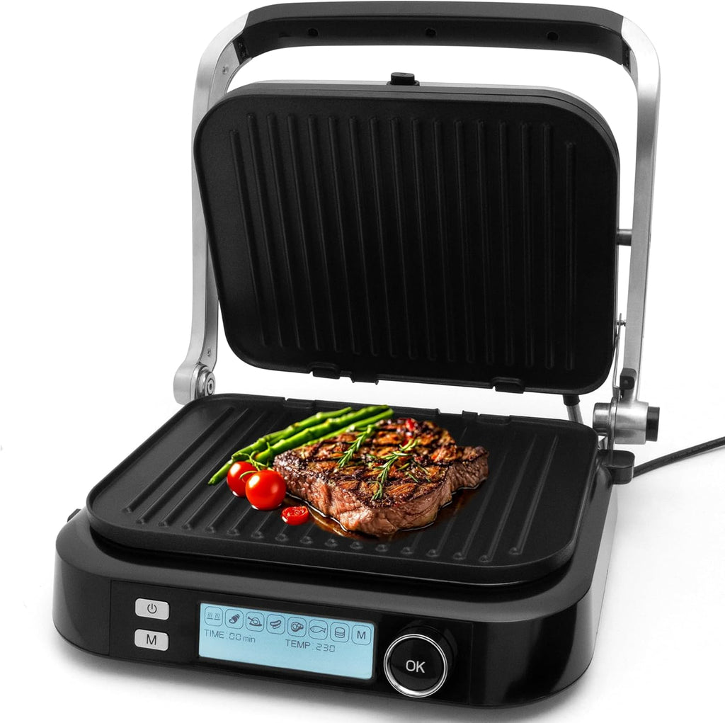 KLAMER Kontaktgrill, 7 Automatikprogramme, abnehmbare Platten, Antihaftbeschichtung, 2100W starker Plattengriller mit Cool-Touch-Griff, Schwarz & Edelstahl