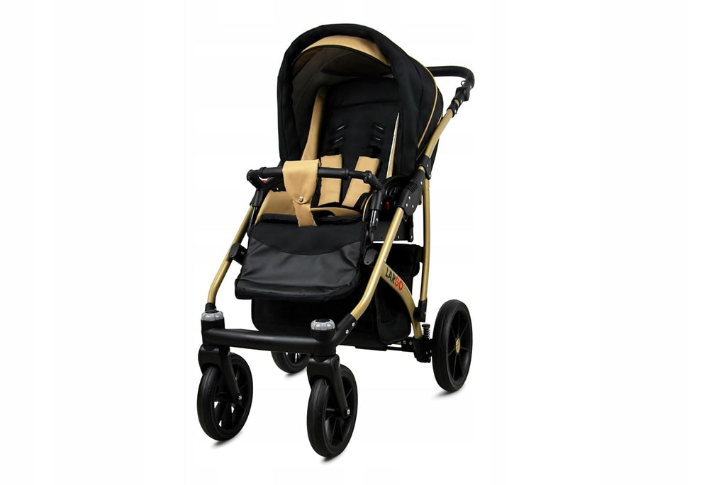 BabyLux Largo 2-in-1 Baby Kinderwagen Tief und Kinderwagen mit Zubehör Verstellbar und faltbar Aluminiumkonstruktion Wasserdicht Nicht abnehmbare Räder Brown Cream White Frame