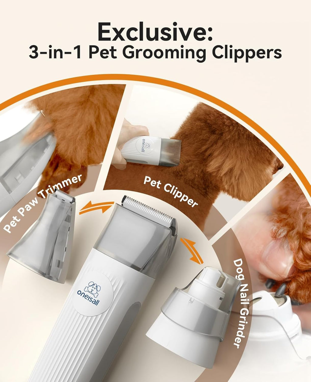 Tagliaunghie per cani oneisall con aspirapolvere, super aspirazione con 12000 Pa aspira il 99,99% dei peli di animali domestici, tosatrice silenziosa per cani e gatti con 7 strumenti per la toelettatura