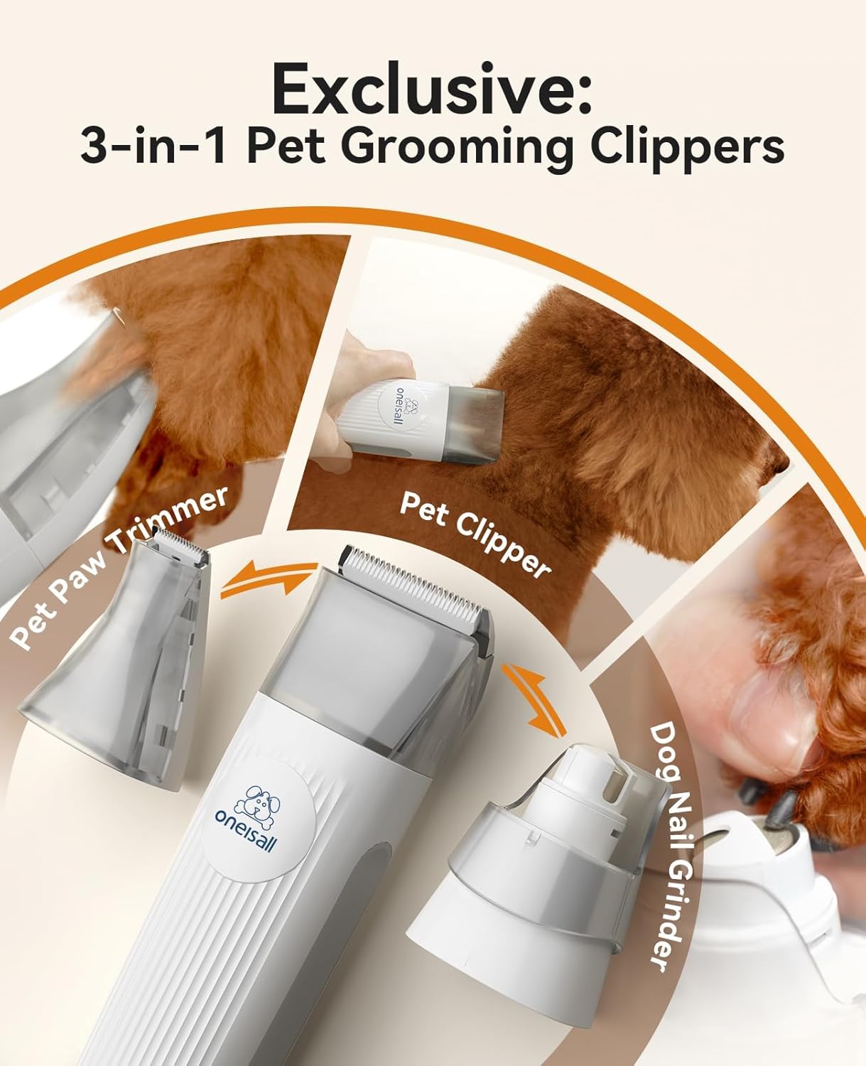 Tagliaunghie per cani oneisall con aspirapolvere, super aspirazione con 12000 Pa aspira il 99,99% dei peli di animali domestici, tosatrice silenziosa per cani e gatti con 7 strumenti per la toelettatura