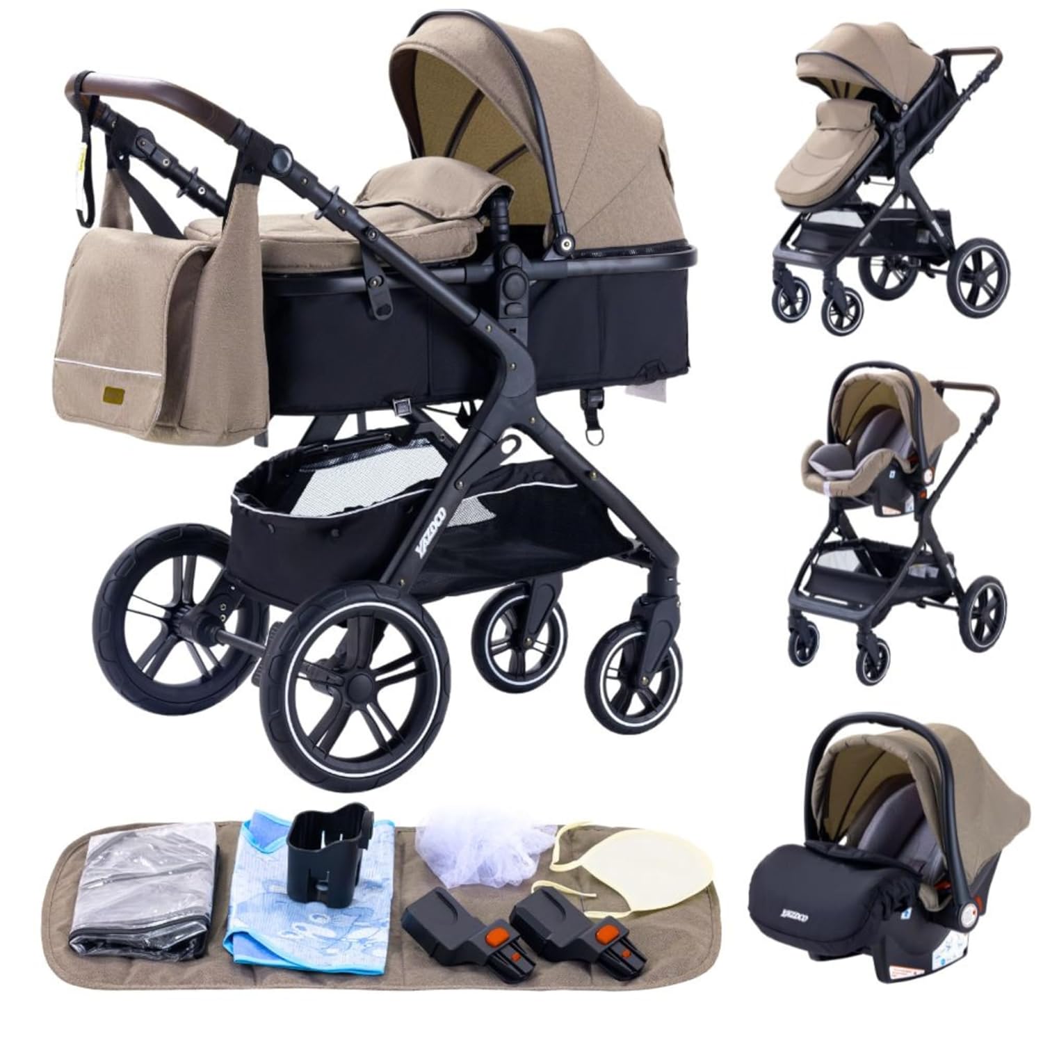 YAZOCO kinderwagen, kinderwagen 3 in 1 Kombikinderwagen reisesysteme mit Moskitonetz Regenschutz Fußsack, Zusammenklappen, Liegeposition