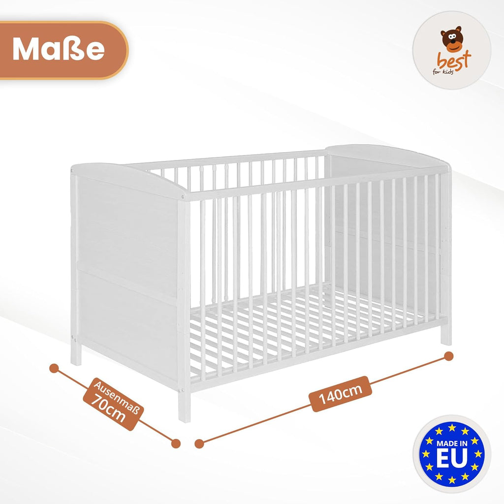 Best for Home - Baby Bett | Babybett 70x140 cm in Weiß und Braunfarbe | Junior Babybett Umbaubar | Cot ohne Matratze | Weiß Komplett Set Bebek Yatagi & Baby Cot | Babybett für Mädchen und Jungen