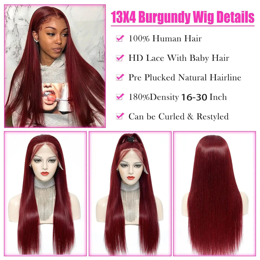Luxurise 99J Burgundy 13x4 HD Gerade Spitzenperücke aus Echthaar für Damen