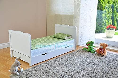 Marsell Lettino per bambini con cassetto con coperchio, lettino per neonati con materasso in schiuma Aloe Vera, sponde dentali, regolabile in altezza, Bianco trasformabile in lettino junior