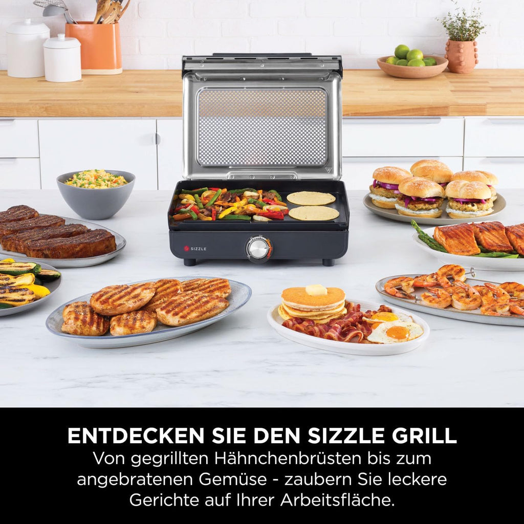Ninja Sizzle Elektrogrill Indoor & Plancha (Flat Grill Plate) mit Antihaft-Grillplatte, abnehmbarer & spülmaschinenfester Deckel, Fettauffangbehälter, Temperaturregler & Rezeptbuch, Grau GR101EU