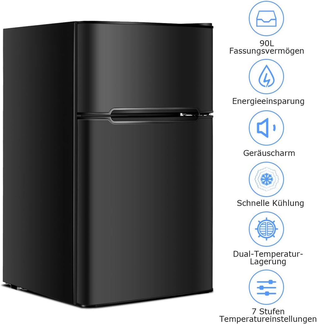 GOPLUS Frigorifero con congelatore - Combinazione frigo-congelatore / Capacità totale 90L, vano congelatore 27L / Termostato regolabile / Illuminazione interna a LED / Cerniera porta reversibile (Bianco)