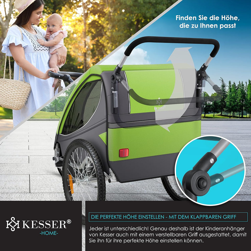 KESSER® Kinderanhänger Fahrradanhänger 360° Drehbar mit Federung 2in1 Joggerfunktion Kinderfahrradanhänger + 5-Punkt Gurt Jogger Fahrrad Anhänger für 1 bis 2 Kinder max. 40kg Inkl. Warnfahne Hellgrau