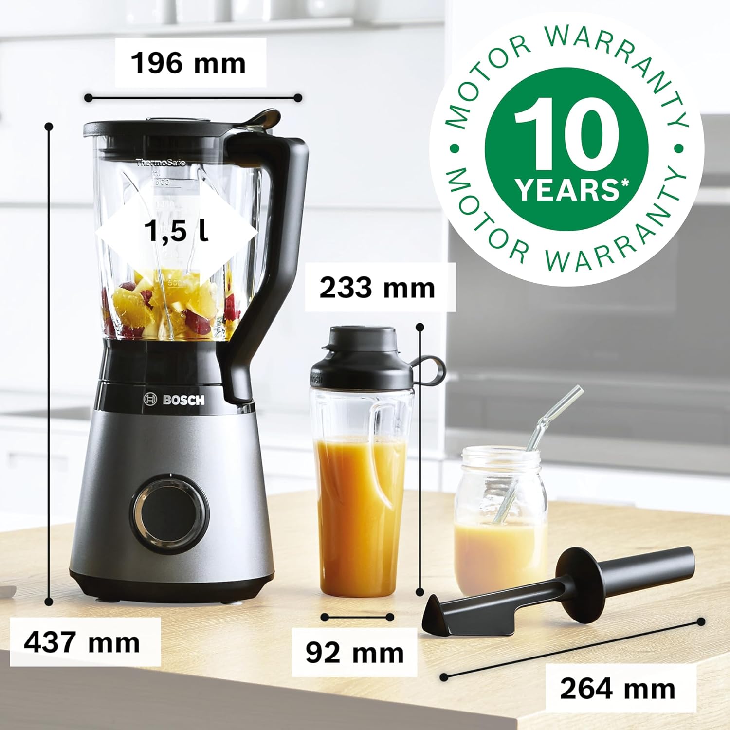 Bosch Standmixer VitaPower Serie 4 MMB6174SN, verbesserte Version, hochwertige Edelstahl-Klingen, 1,5l Glasbehlter, 0,6l To-Go-Flasche, spülmaschinenfeste Teile, 30.000 U/min, 1200 W, silber