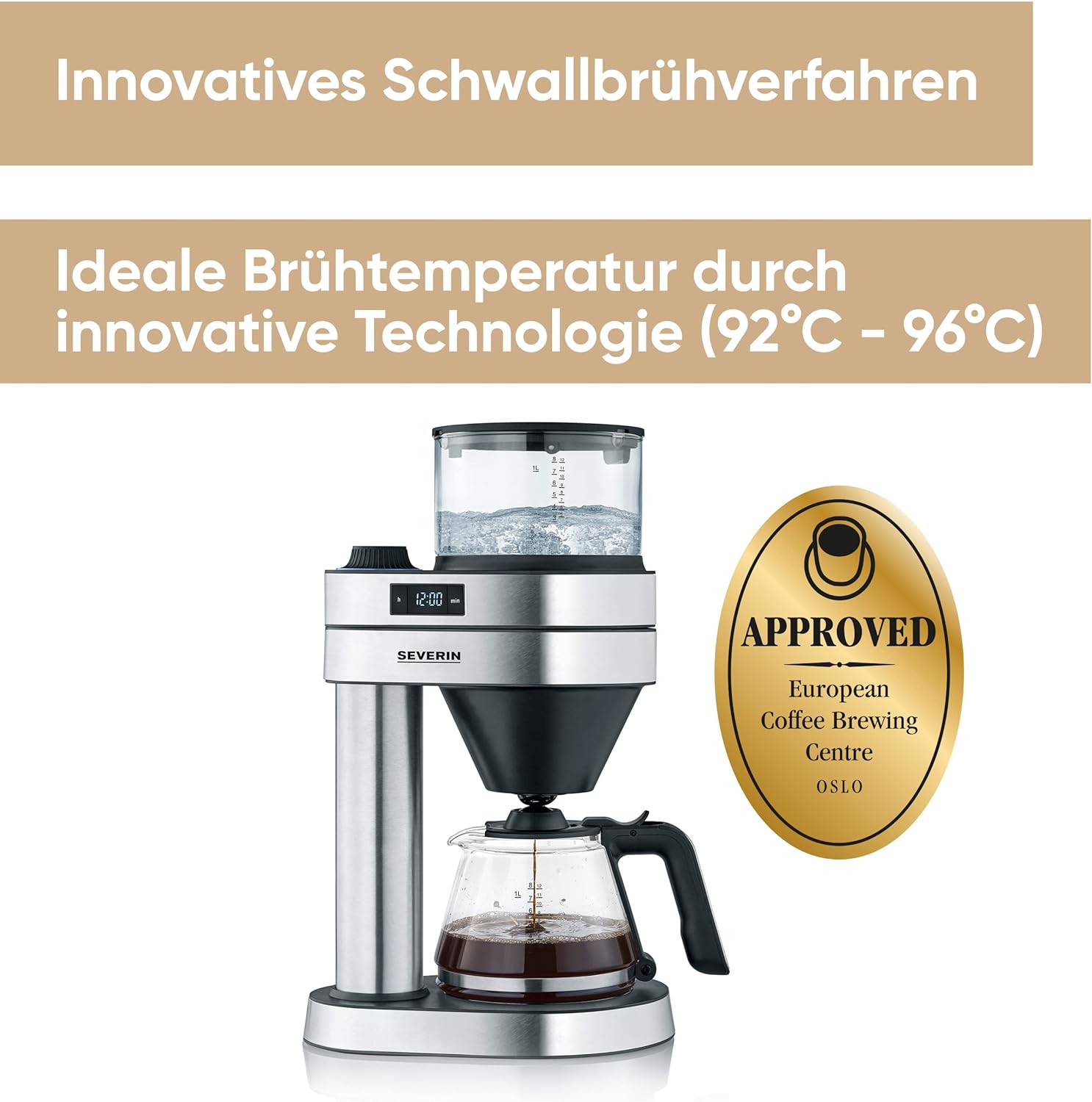 SEVERIN Macchina da caffè con filtro Caprice, come preparata a mano con la caffettiera per un massimo di 8 tazze, macchina da caffè con timer, acciaio inox spazzolato/nero opaco, KA 5760