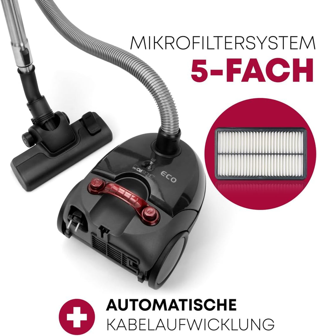 Clatronic Aspirapolvere con Sacco | Aspirapolvere a carrello con 700 Watt a risparmio energetico | Aspirapolvere con sistema di microfiltraggio a 5 strati | Spazzola per pavimenti commutabile e bocchetta per spazzola/fessure | BS 1300 N antracite