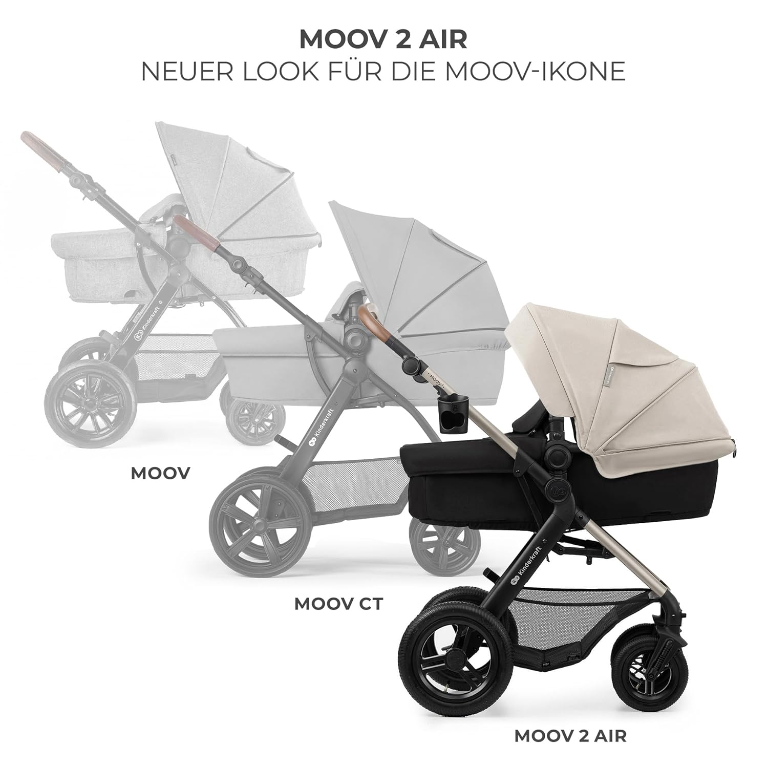 Kinderkraft MOOV2 AIR Passeggino 3 in 1, Set da 26 kg con seggiolino auto I-SIZE 40-75 cm, funzione passeggino, schienale reclinabile, ampia cappottina estensibile, ruote gonfiabili, grigio