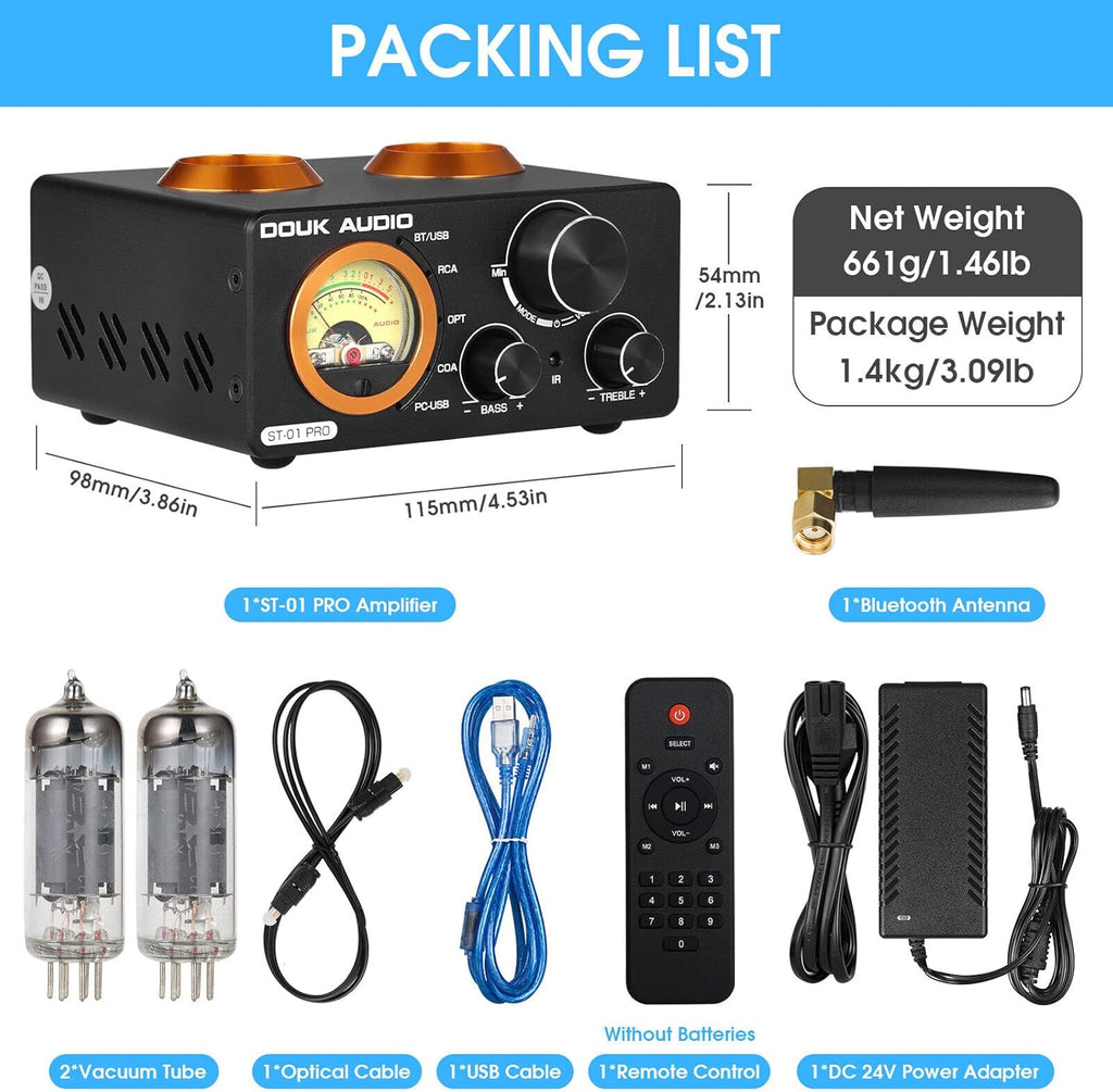 Douk Audio ST-01 PRO Amplificatore HiFi, Mini Amplificatore a Valvole da 200W con Bluetooth 5.0, VU Meter, Ingresso USB DAC Coassiale/Ottico (ST-01PRO)