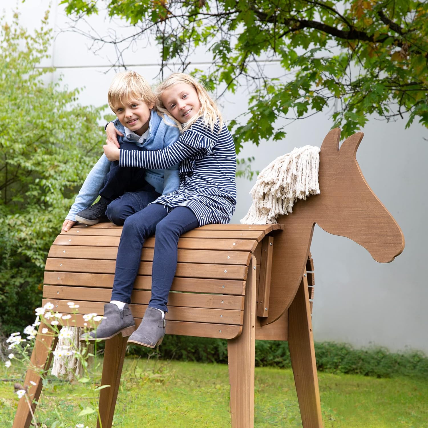 roba Cavallo di legno per il giardino - Cavallo da volteggio con criniera e coda - Cavallo giocattolo per ginnastica e cavalcare - Legno massiccio - Teak laccato