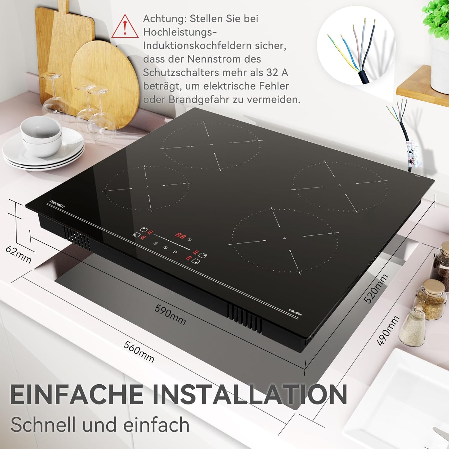 Induktionskochfeld 60cm, Eingebautes Schwarzes elektrisches Kochfeld, mit 4 Kochzonen, 9 Leistungsstufen, Geeignet für Eisen- und Edelstahltpf