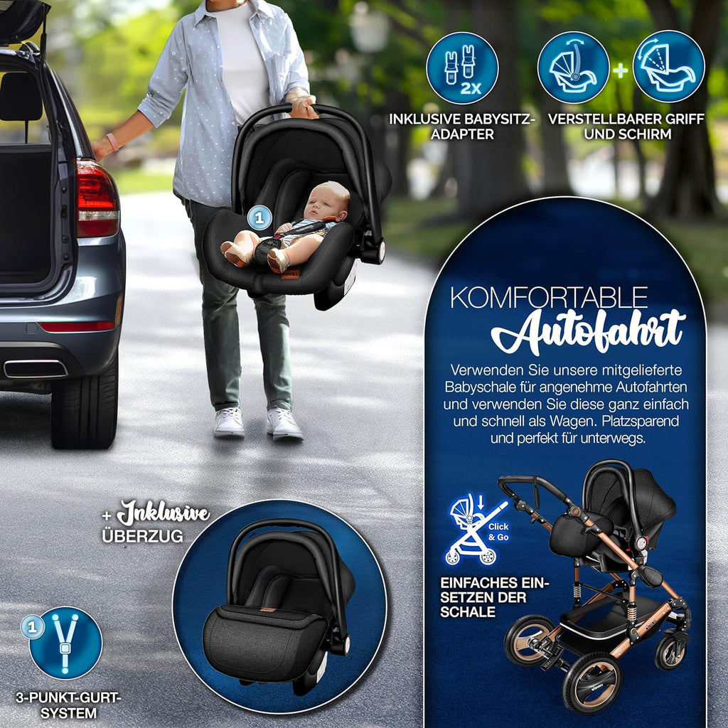 KIDUKU® Set completo passeggino 3 in 1 | Set passeggino combinato con navicella e sedile sportivo passeggino e seggiolino auto ovetto sacco a pelo | Ruote in gomma piena borsa per il cambio scaldamani parapioggia tavolino ECE R129