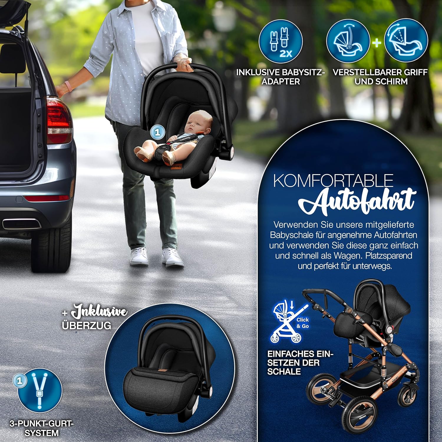 KIDUKU® Set completo passeggino 3 in 1 | Set passeggino combinato con navicella e sedile sportivo passeggino e seggiolino auto ovetto sacco a pelo | Ruote in gomma piena borsa per il cambio scaldamani parapioggia tavolino ECE R129