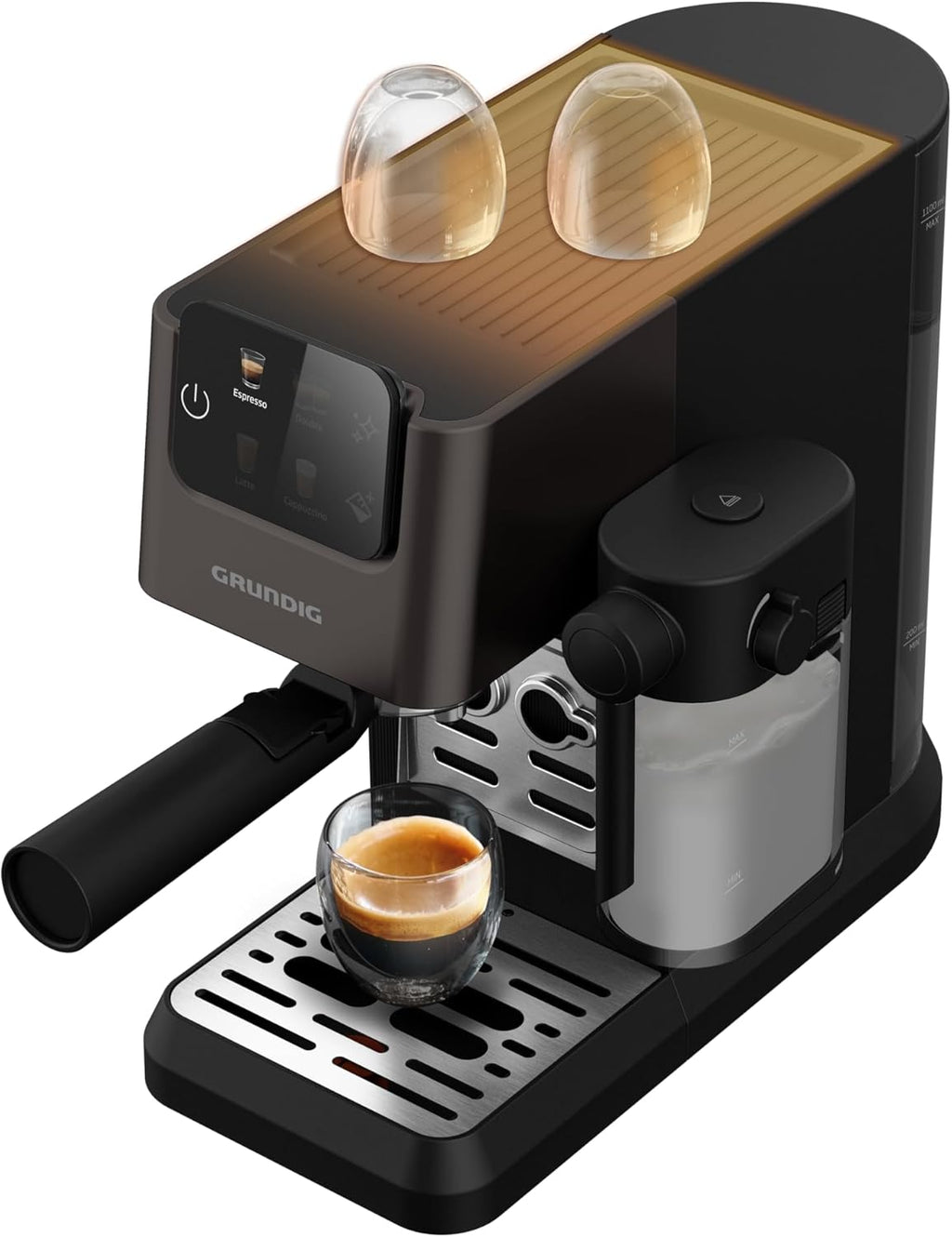 GRUNDIG KSM 5330 Macchina da caffè con portafiltro e contenitore per il latte integrato, 1628 W di potenza, 15 bar di pressione della pompa, ugello doppio, display touch a colori, BrewSense, CreamyPro, Inox scuro/Nero