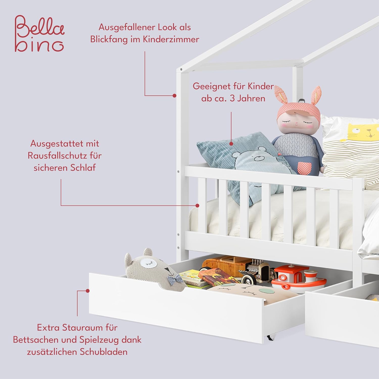 Bellabino Lettino per bambini Bia 140x200 cm, letto a capanna per bambini con protezione anticaduta e rete a doghe arrotolabile, letto a terra Montessori bianco in legno massello di pino