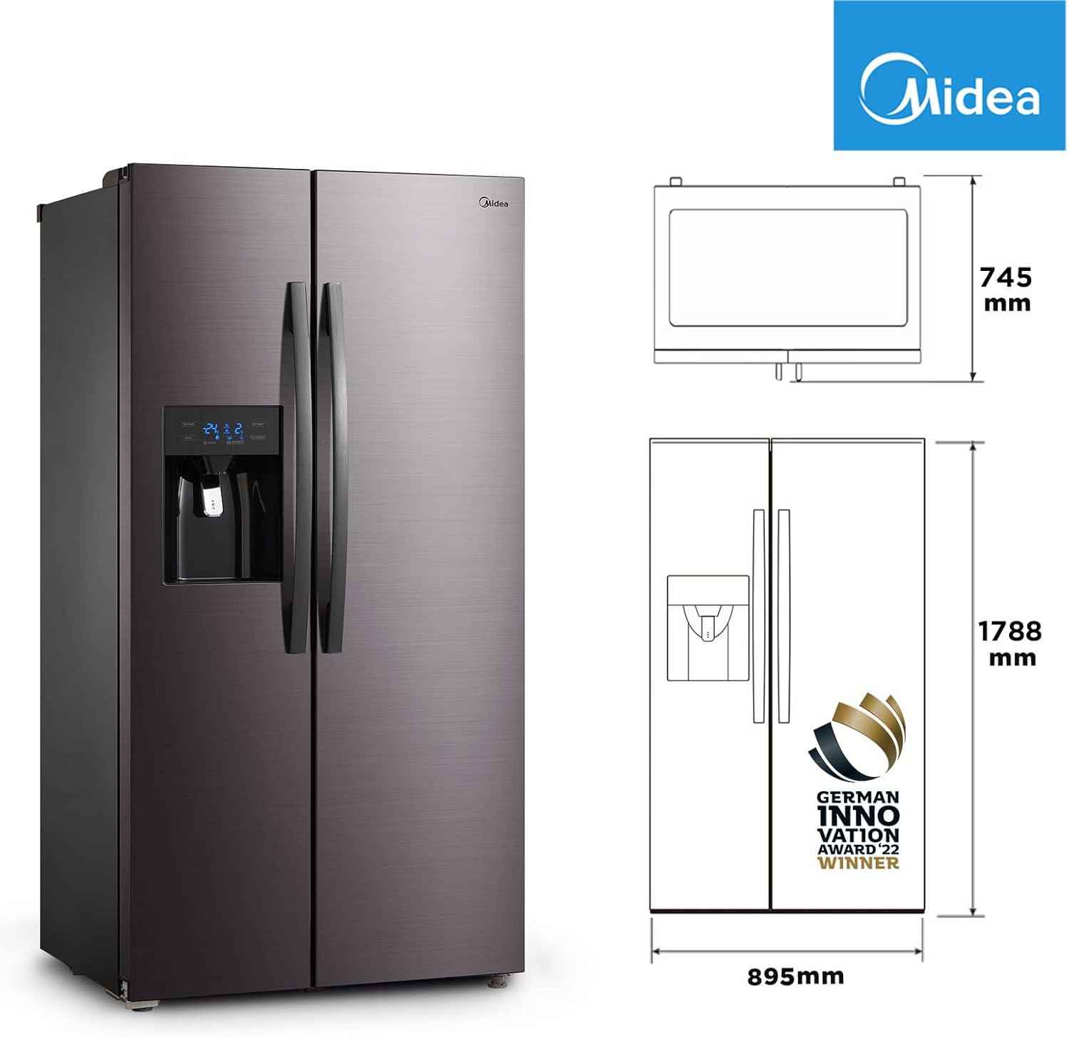 Midea KS-DDX 6.32 WT Frigorifero Side-by-Side con Congelatore/Altezza 178,8 cm/254 kWh/anno/No Frost/Compressore Dual Inverter/con Distributore di Acqua e Ghiaccio 3-in-1 e Serbatoio d'Acqua, Inox Scuro