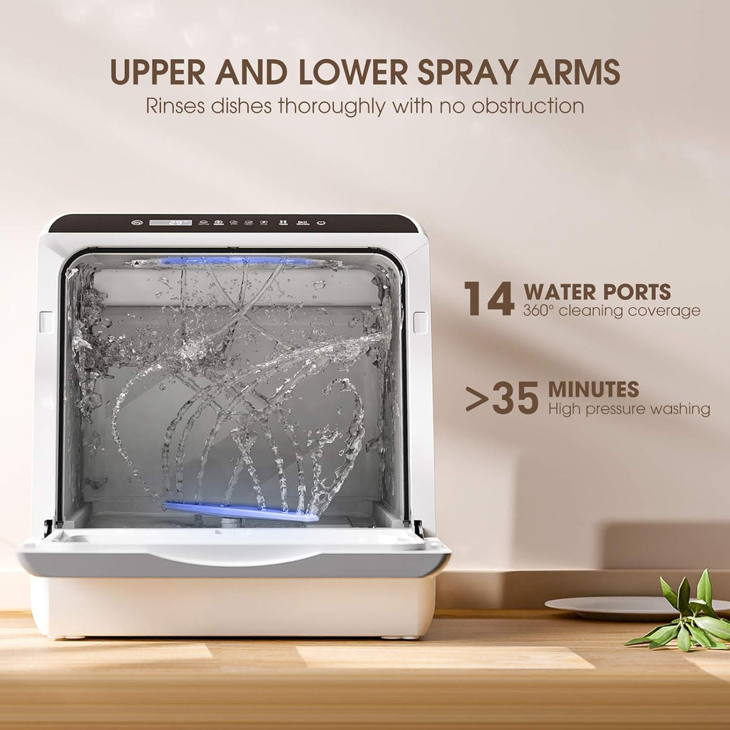 Tragbarer Tischgeschirrspüler, Kompaktgeschirrspüler mit 5 l integriertem Wassertank und Zulaufschlauch, 5 Spülprogrammen, Babypflege, Lufttrocknungsfunktion und LED-Licht für kleine Wohnungen
