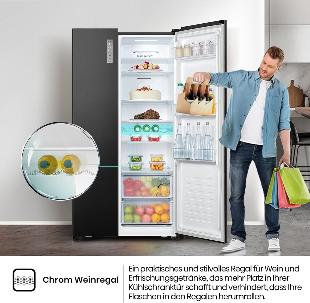 Hisense RS677N4BFD Frigorifero Americano Side by Side / Compressore Inverter / Porta Bottiglie / 2 FreshZone / Vano Verdure / Capacità Frigo 334 L / Capacità Congelatore 185 L / 41 dB / 247 kWh all'anno, Nero