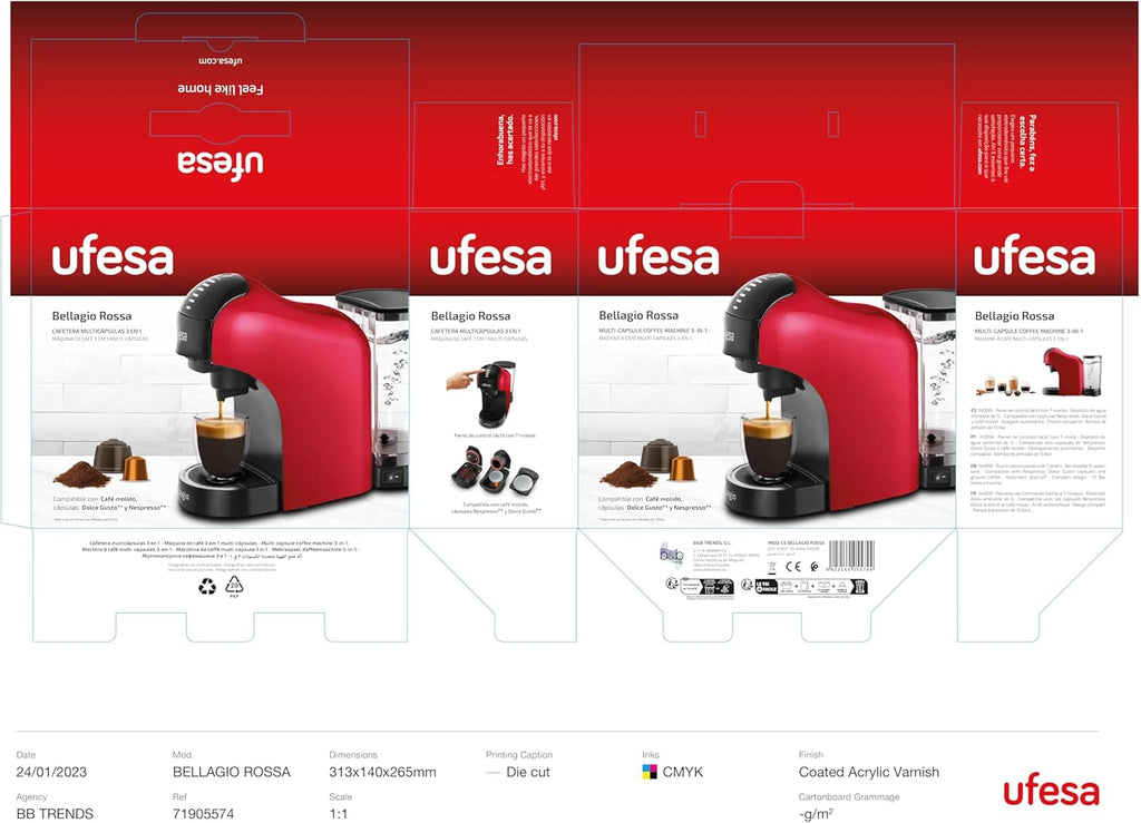 Ufesa Bellagio 3-in-1 Multi-Capsule Coffee Machine for Nespresso Original Capsule, Dolce Gusto or Ground Coffee, Digital Touch Panel with 7 Levels, 1 L Water Tank, 1400 W, 15 Bar Pressure, Compact