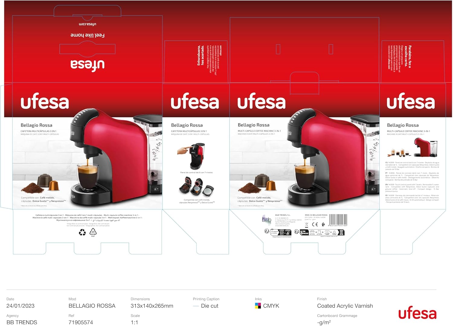 Ufesa Bellagio 3-in-1 Multi-Capsule Coffee Machine for Nespresso Original Capsule, Dolce Gusto or Ground Coffee, Digital Touch Panel with 7 Levels, 1 L Water Tank, 1400 W, 15 Bar Pressure, Compact