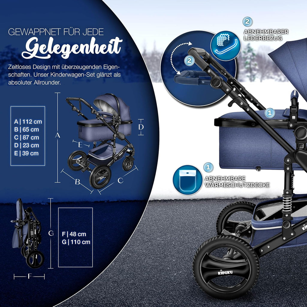 KIDUKU® Set completo passeggino 3 in 1 | Set passeggino combinato con navicella e sedile sportivo passeggino e seggiolino auto ovetto sacco a pelo | Ruote in gomma piena borsa per il cambio scaldamani parapioggia tavolino ECE R129