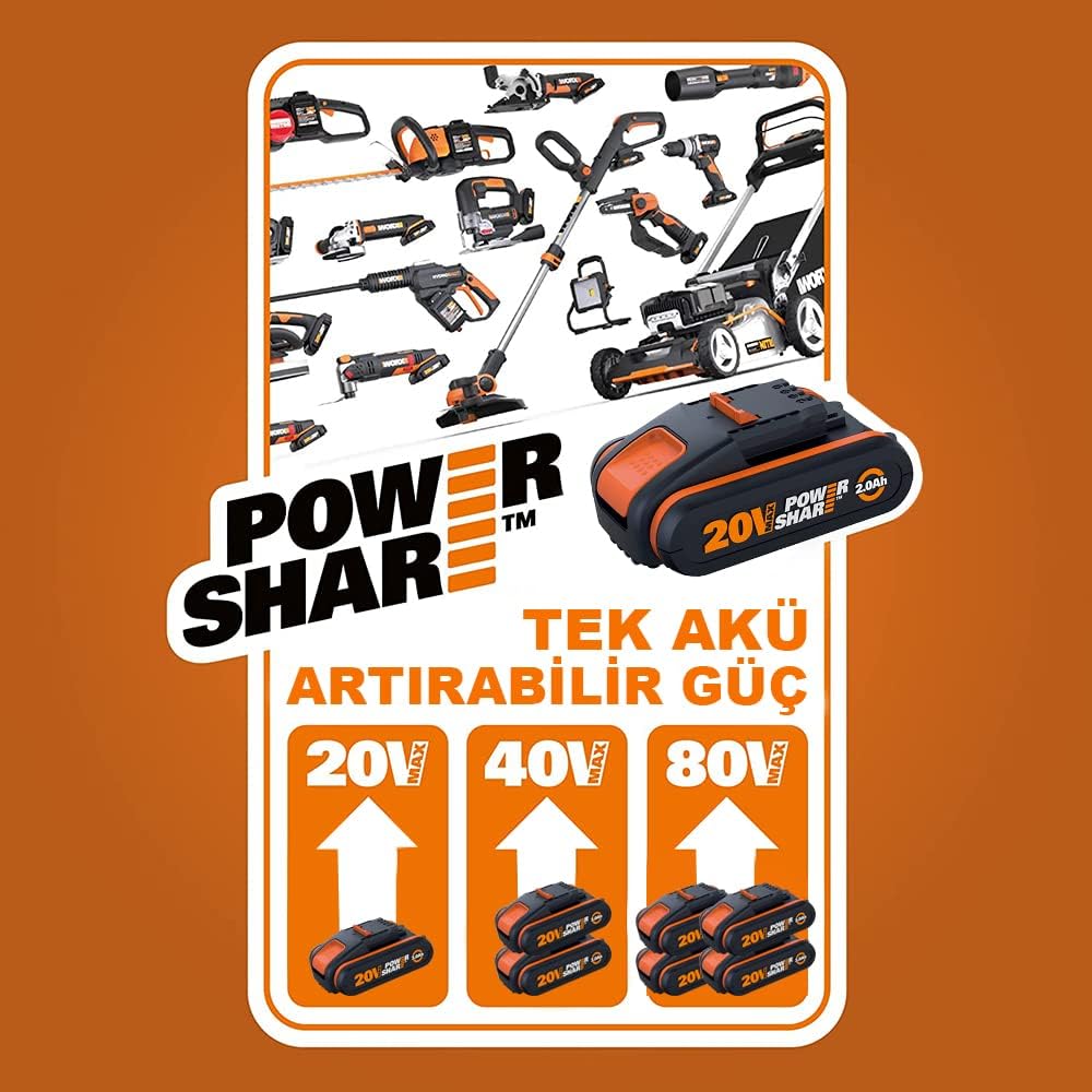 WORX WG252E.9 Tagliasiepi Telescopico a Batteria - Larghezza di Taglio 45 cm - Asta Telescopica Regolabile in 10 Posizioni fino a 3,20 Metri di Altezza - Compatibile con PowerShare - Batteria e Caricabatterie Non Inclusi