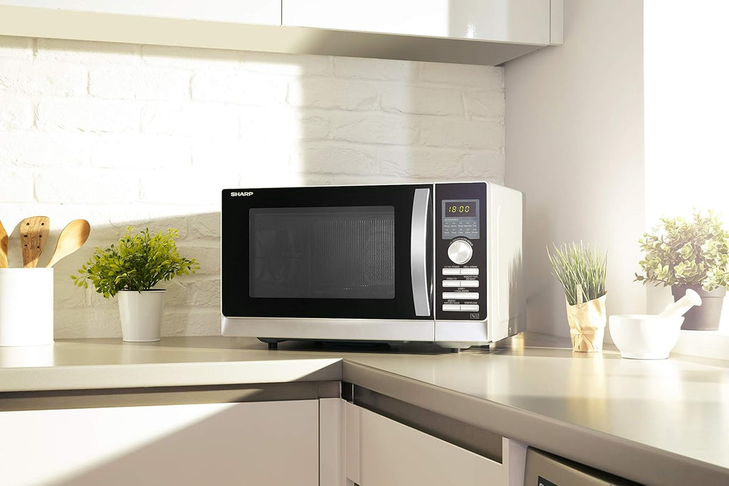 Sharp R843INW Forno a microonde 4 in 1 con aria calda, grill e convezione/ 25 L/ 800 W/ grill a infrarossi 1000 W/ convezione 2500 W/ 10 programmi automatici/ programma pizza/ piatto girevole in metallo (30 cm)/ argento