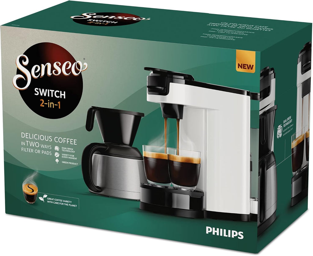 Philips Senseo Switch Macchina da caffè con cialde e filtro, Tecnologia di erogazione 2 in 1, Serbatoio dell'acqua da 1 litro, 7 tazze in un solo ciclo, Nero lucido (HD6592/64)