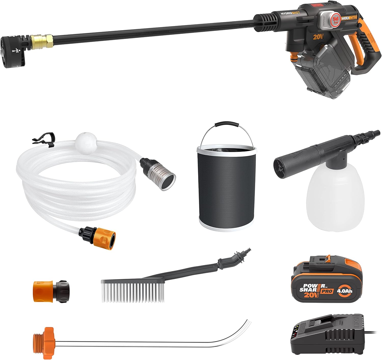 WORX Nitro Hydroshot Idropulitrice a batteria 18V(20V MAX) WG633E.1, PowerShare, pulizia di terrazze e auto, max. 56 bar, 220 l/h, con accessori, batteria 4,0 Ah e caricabatterie Arancione e Nero