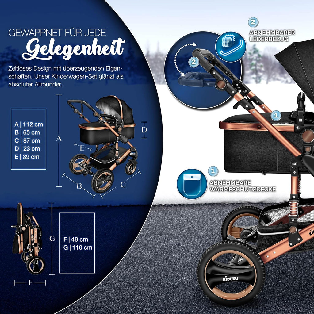 KIDUKU® Set completo passeggino 3 in 1 | Set passeggino combinato con navicella e sedile sportivo passeggino e seggiolino auto ovetto sacco a pelo | Ruote in gomma piena borsa per il cambio scaldamani parapioggia tavolino ECE R129