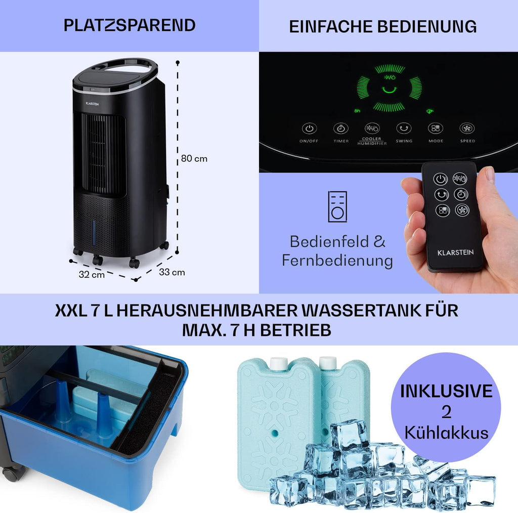 Klarstein Raffreddatore d'aria con Raffreddamento ad acqua, Raffrescatore Evaporativo Silenzioso 4-in-1, Umidificatore, Ventilatore e Modalità Notte, Raffrescatore Evaporativo Portatile 7L, 65W Air Cooler, Flusso d'aria di 330m³/h