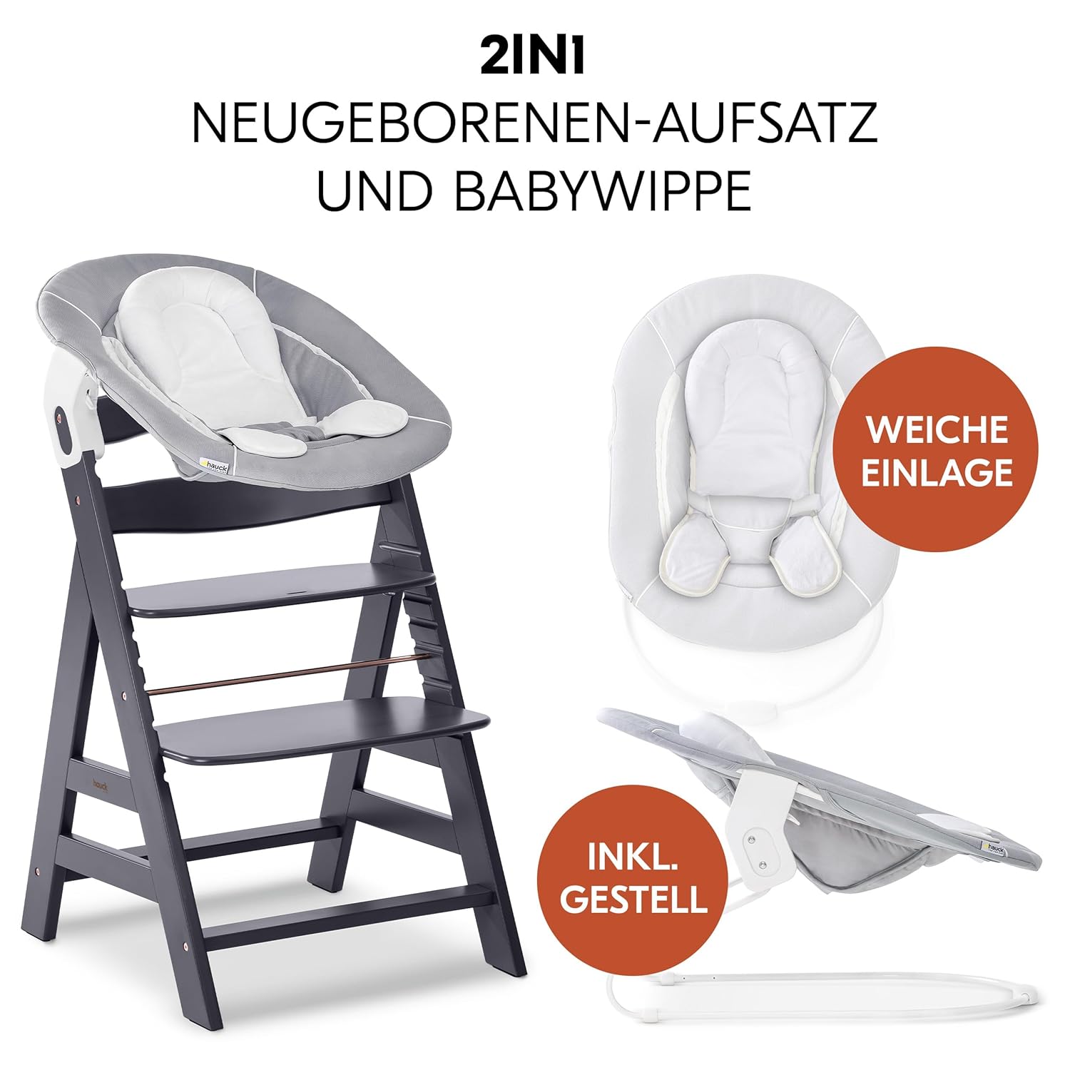 hauck Hochstuhl Alpha Plus Newborn Set mit 2in1 Bouncer - Mitwachsender Holz Babyhochstuhl ab Geburt, inkl. Sitzauflage & Neugeborenenaufsatz - Dark Grey