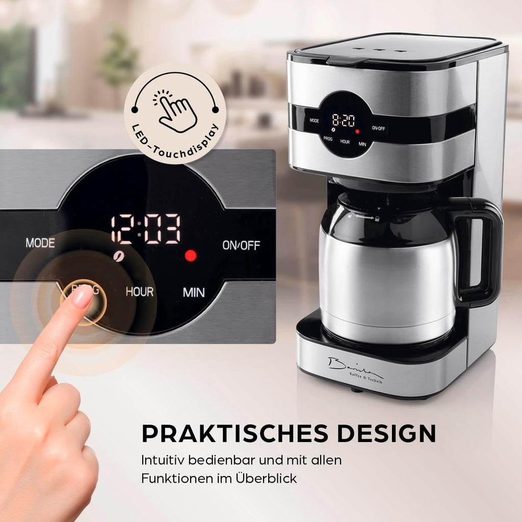 Barista Kaffeemaschine mit Mahlwerk | Filterkaffeemaschine mit Glaskanne | 900W Filtermaschine mit Touchdisplay & Timerfunktion für bis zu 10 Tassen | 1,25 Liter Kaffeekanne | Für Bohnen & Pulver