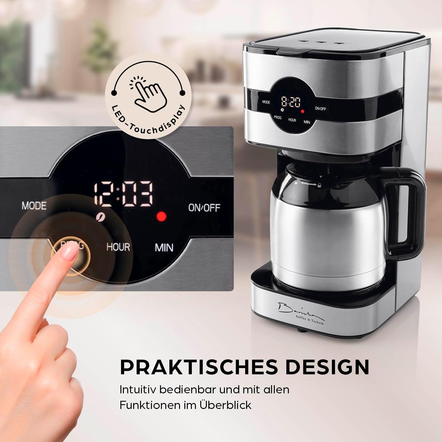 Barista Kaffeemaschine mit Mahlwerk | Filterkaffeemaschine mit Glaskanne | 900W Filtermaschine mit Touchdisplay & Timerfunktion für bis zu 10 Tassen | 1,25 Liter Kaffeekanne | Für Bohnen & Pulver
