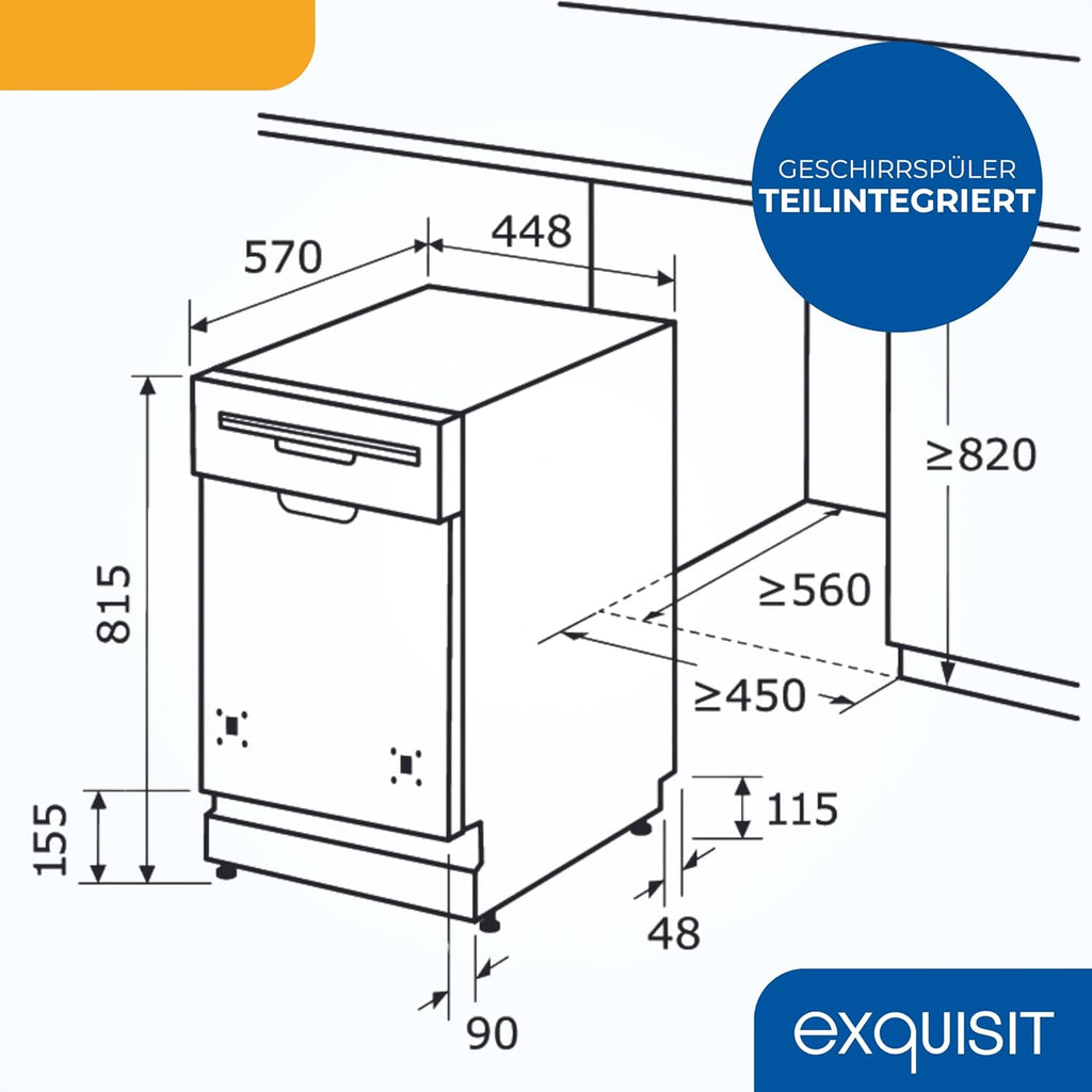 Lavastoviglie Exquisit, 45 cm di larghezza, parzialmente integrata, 9 coperti, 9 litri, partenza ritardata, modalità ECO, lavastoviglie 45 cm, EGSP51009-EB-030E inox