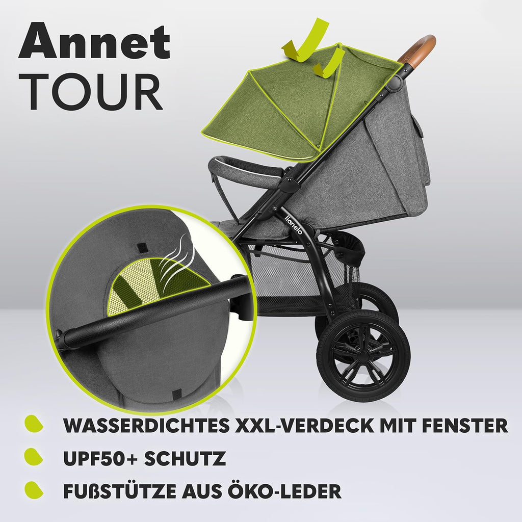 LIONELO Annet Tour Kinderwagen bis 22 kg, verstellbarer Griff, zusammenklappbar, verstellbare Rückenlehne bis zur Liegeposition, wartungsfreie Räder, XXL-Verdeck, 5-Punkt-Gurt, Einkaufskorb