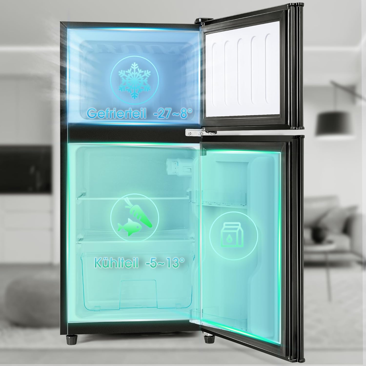 Merax Frigorifero con Congelatore, Frigorifero Combinato, Piccolo Frigorifero con 51L e Congelatore 21L, Silenzioso, LED, Ripiani in Vetro, Cassetto Verdura, Balconcini, per Cucina, Soggiorno, Ufficio, Nero