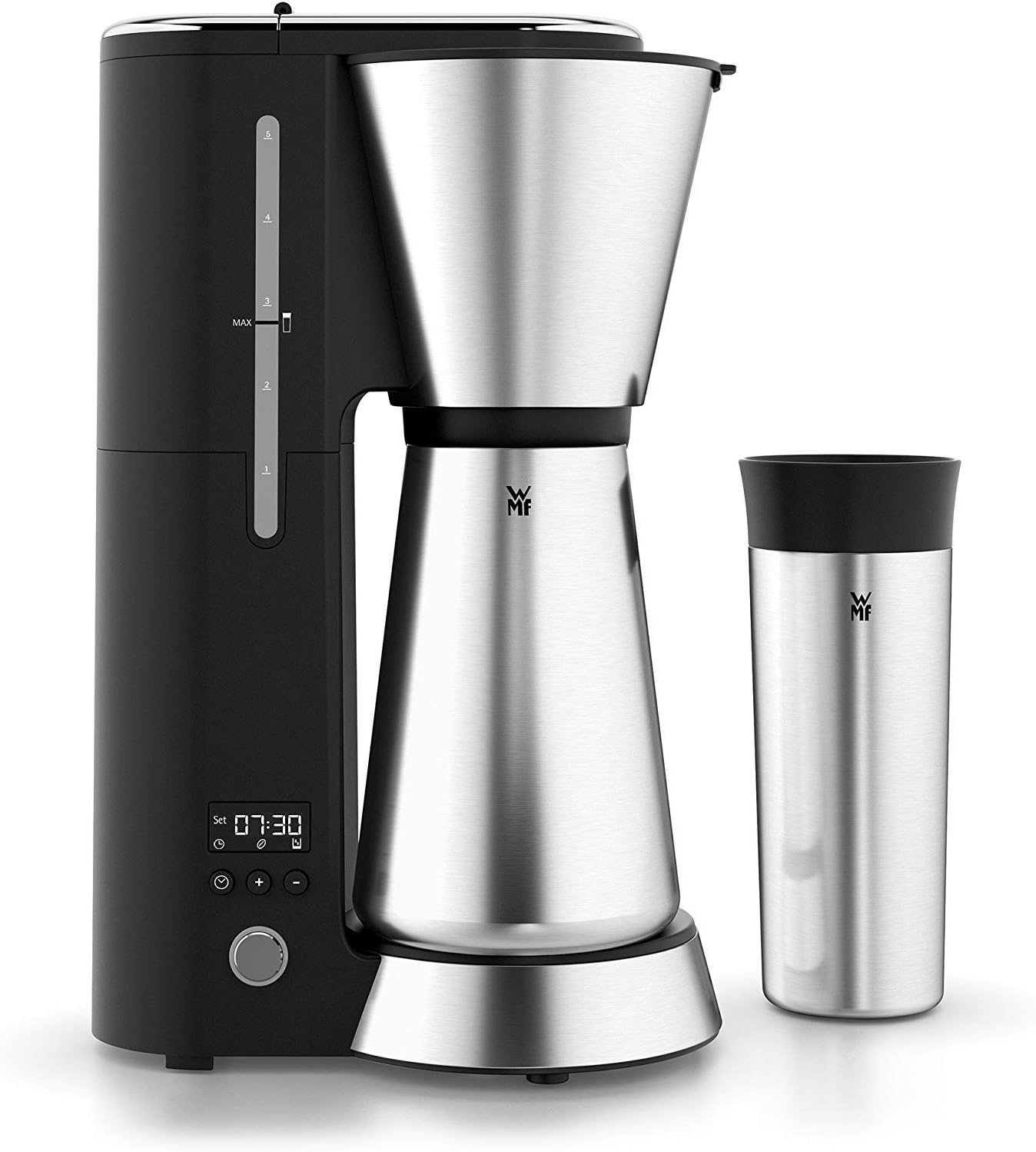 WMF Küchenminis Macchina da caffè con filtro Aroma, 870 Watt, Cromargan opaco e Tostapane 1 fetta a fessura lunga Küchenminis per Toast XXL, accessorio per panini, 7 livelli di doratura, protezione surriscaldamento 600W, Acciaio inox opaco