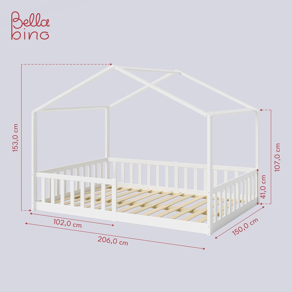 Bellabino Lettino per bambini Bia 140x200 cm, letto a capanna per bambini con protezione anticaduta e rete a doghe arrotolabile, letto a terra Montessori bianco in legno massello di pino